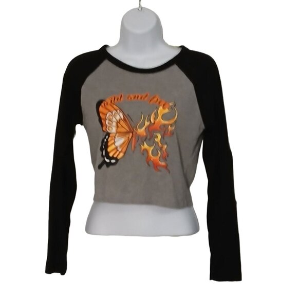 Faded Rose Tops - Y2K Faded Rose Wild Free Butterfly Graphic Long Sleeve Crop T Shirt Ribbed Med